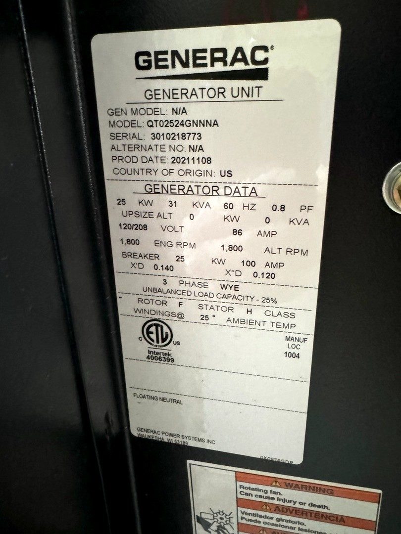 Generac QT025 generator nameplate / data tag