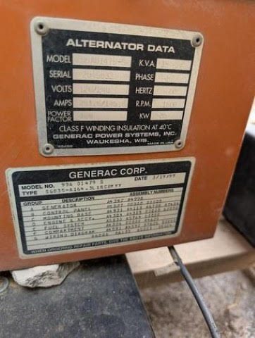 Generac SG035 generator nameplate / data tag