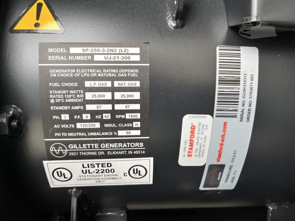 Gillette SP-250 generator nameplate / data tag