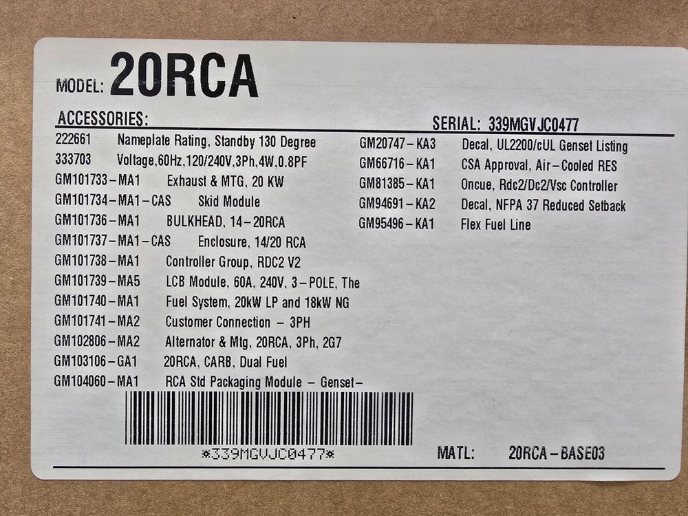 Kohler 20RCA generator nameplate / data tag