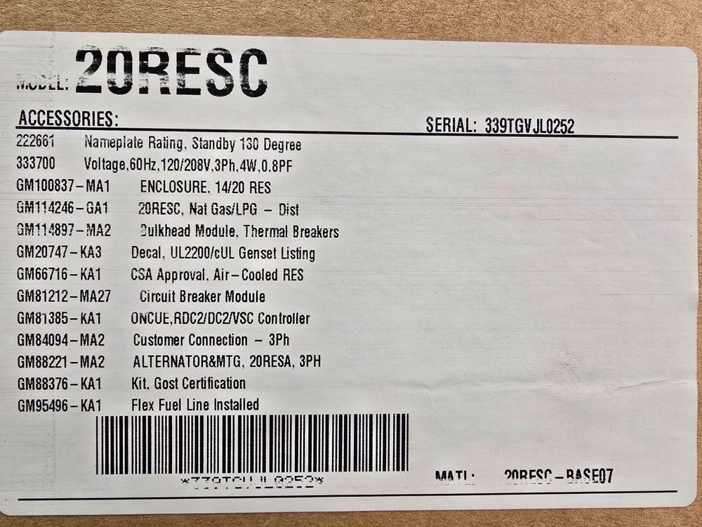 Kohler 20RES generator nameplate / data tag