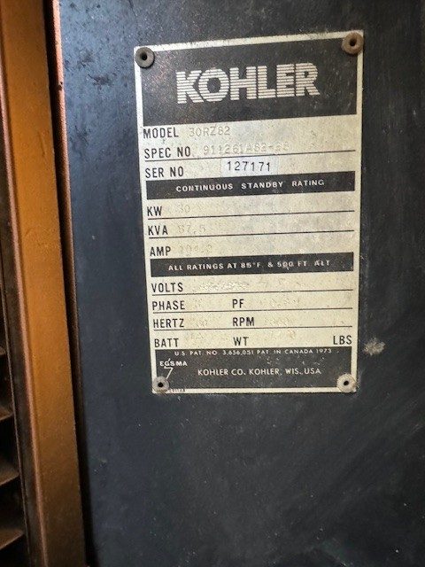 Kohler 30 RZ generator nameplate / data tag