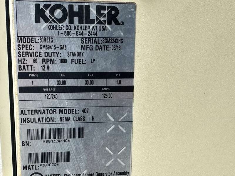 Kohler 30REZG generator nameplate / data tag