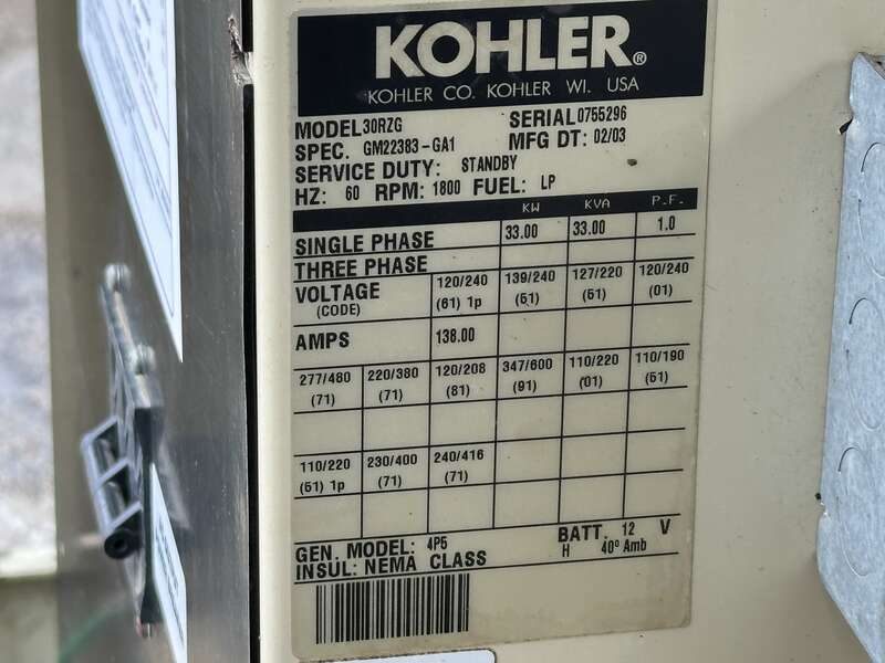 Kohler 30RZG generator nameplate / data tag