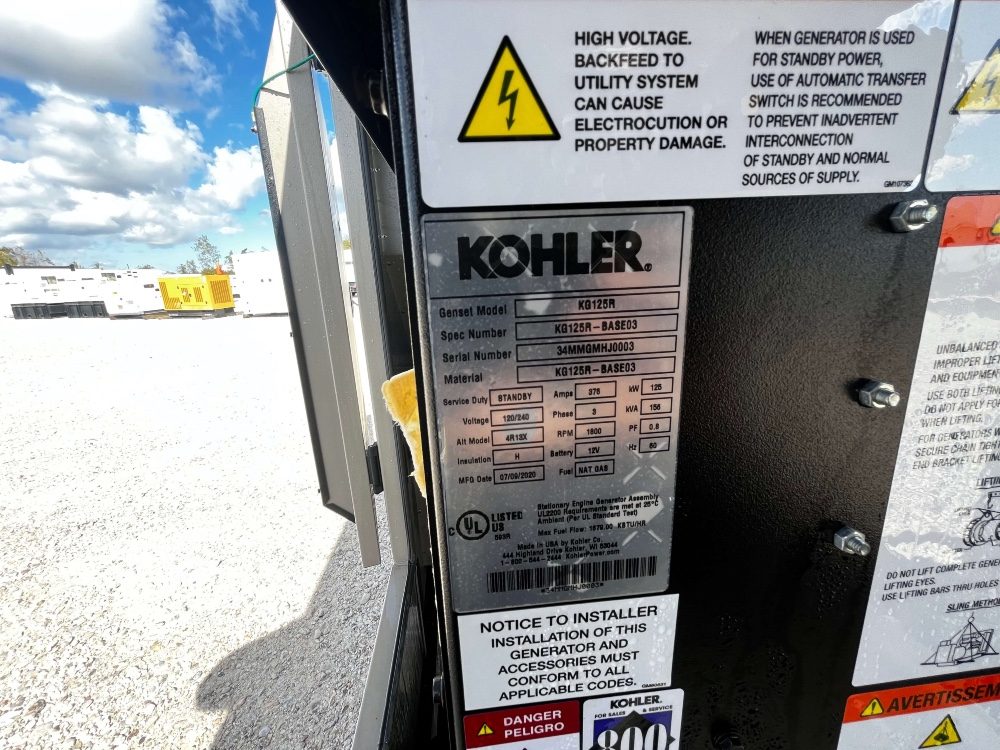 Kohler KG125R generator nameplate / data tag